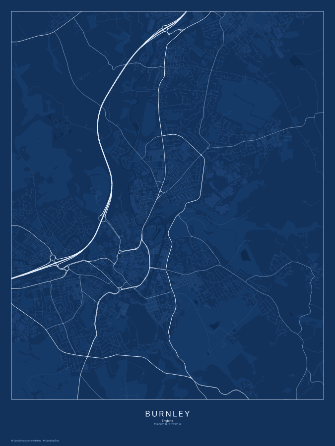 Burnley map poster, blueprint style