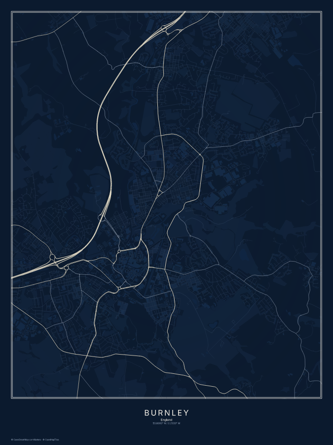 Burnley map poster, midnight style