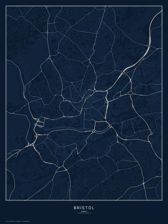 Bristol map poster, midnight style