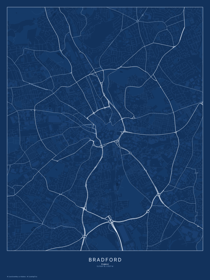 Bradford map poster, blueprint style