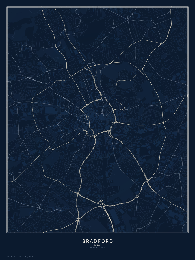 Bradford map poster, midnight style