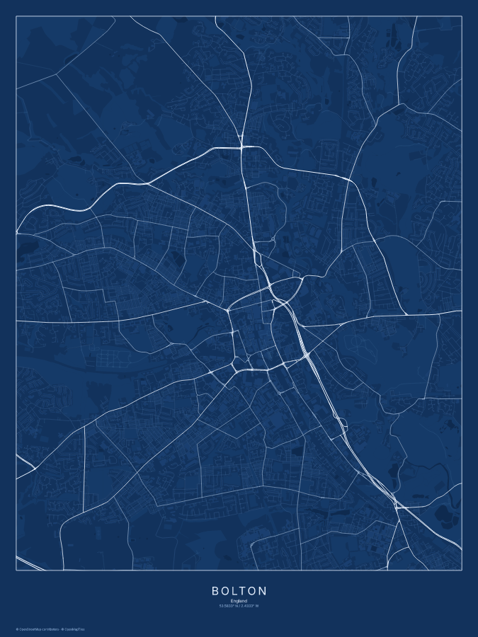 Bolton map poster, blueprint style