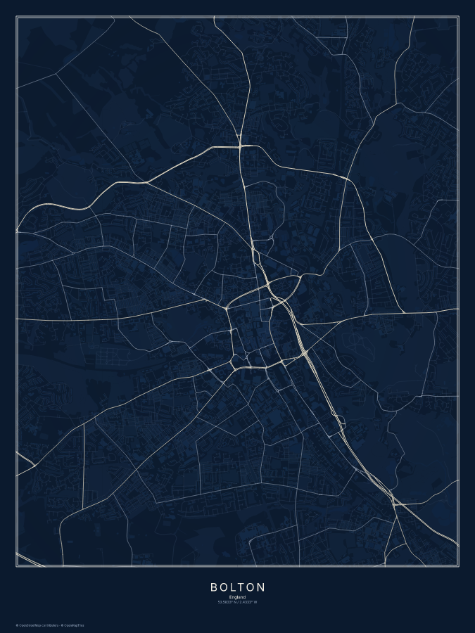 Bolton map poster, midnight style