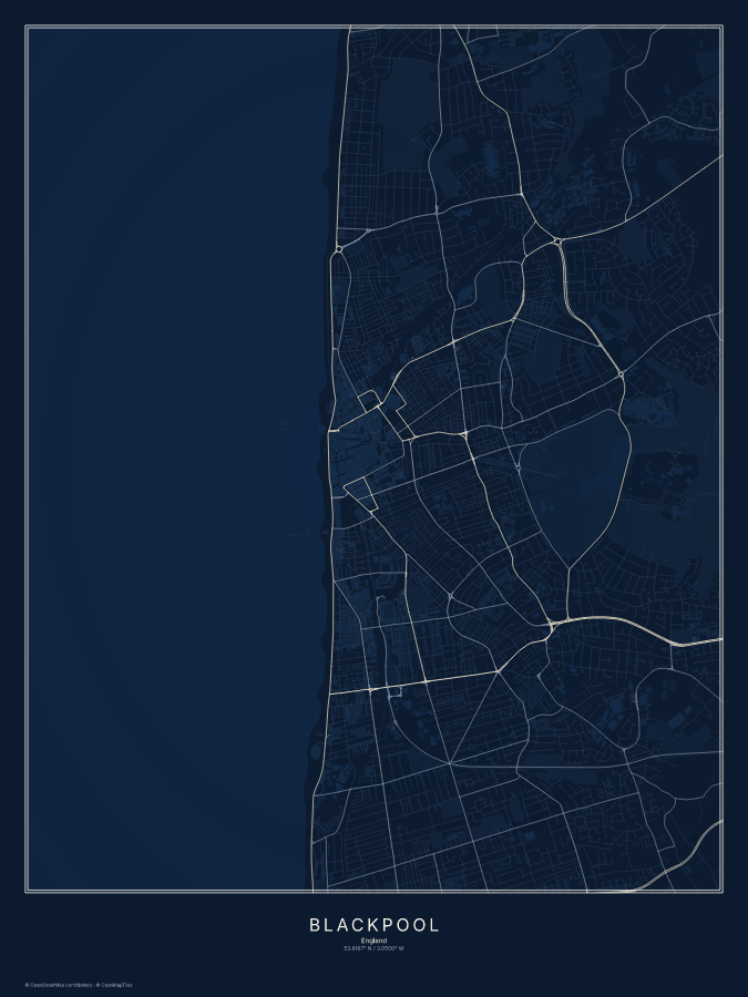 Blackpool map poster, midnight style