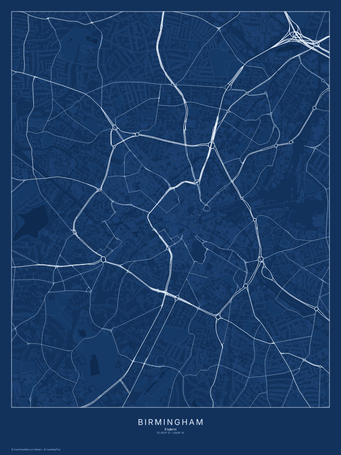 Birmingham map poster, blueprint style