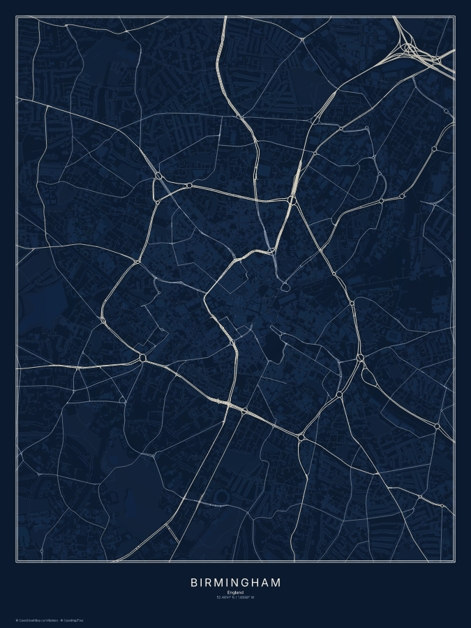 Birmingham map poster, midnight style