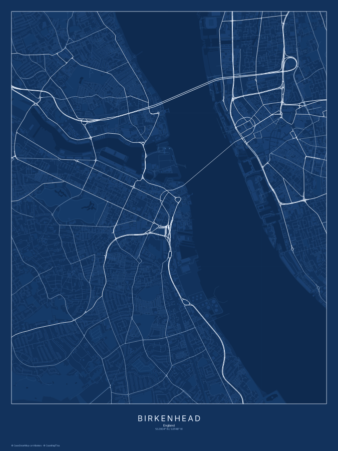 Birkenhead map poster, blueprint style