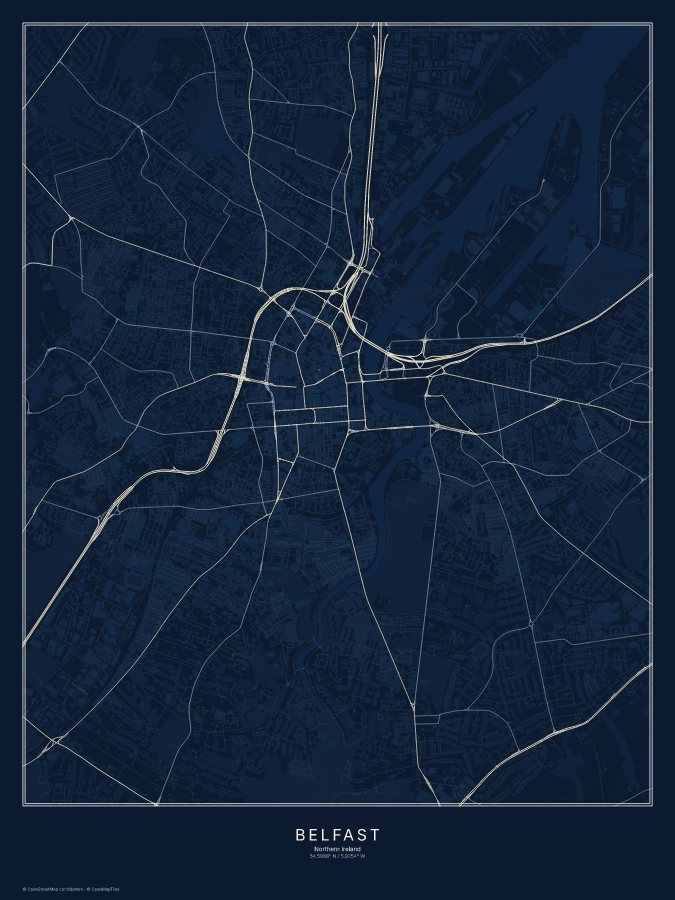 Belfast map poster, midnight style