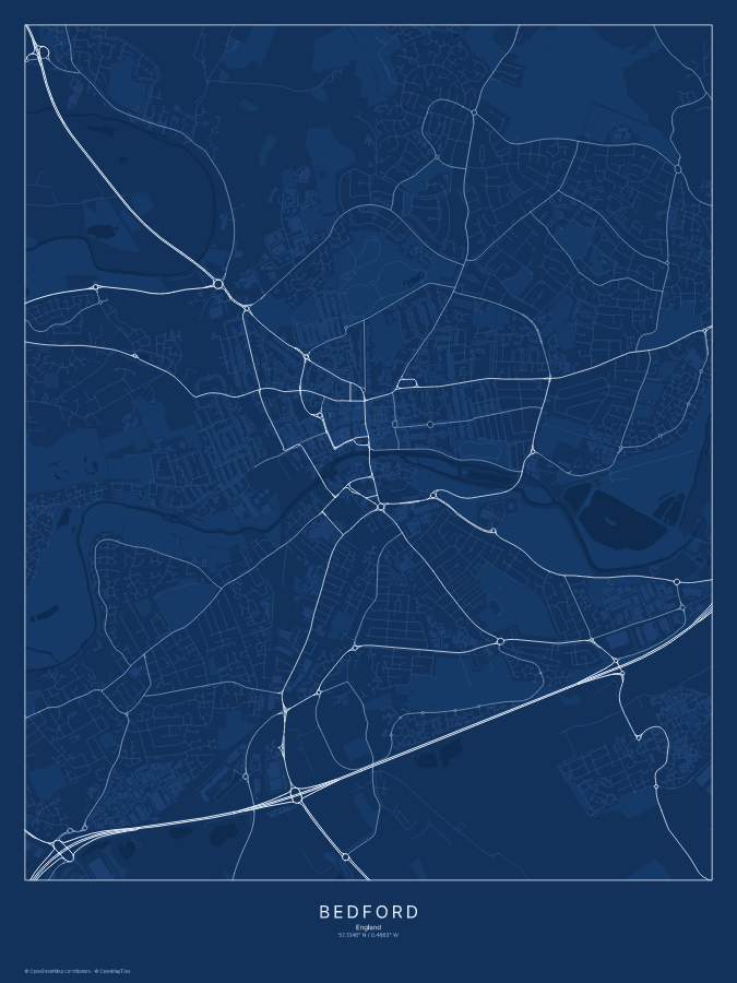 Bedford map poster, blueprint style