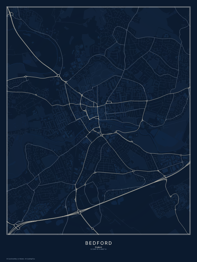 Bedford map poster, midnight style