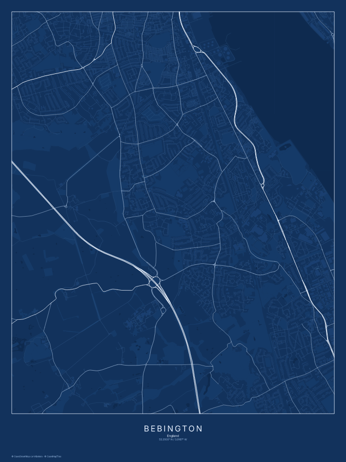 Bebington map poster, blueprint style