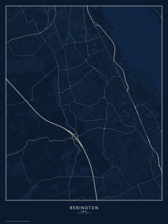 Bebington map poster, midnight style