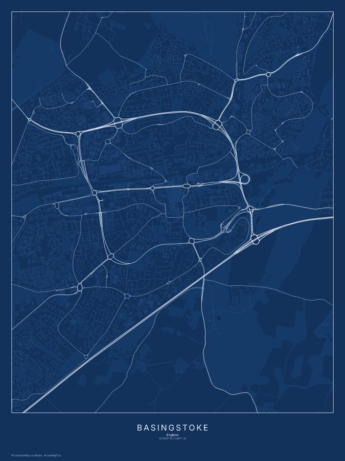 Basingstoke map poster, blueprint style
