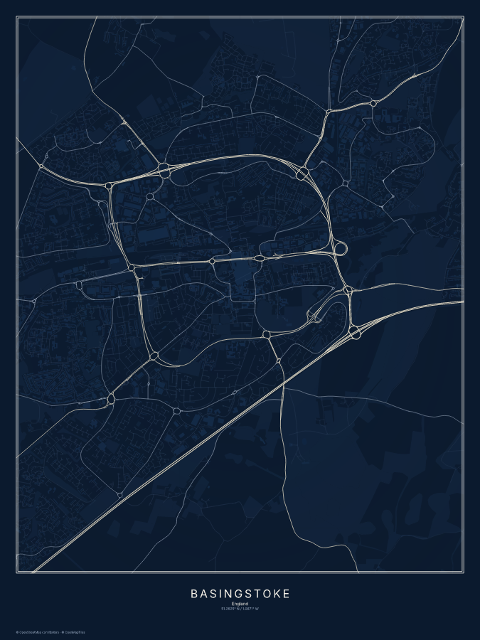 Basingstoke map poster, midnight style