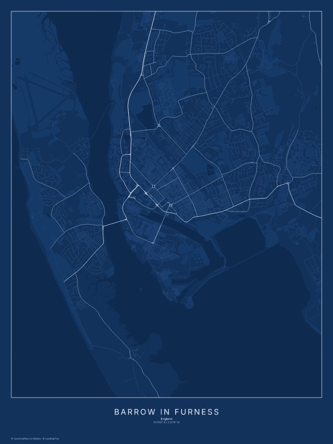 Barrow in Furness map poster, blueprint style