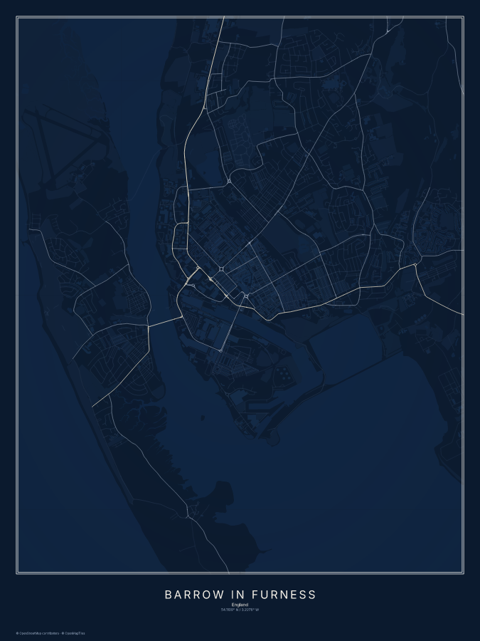 Barrow in Furness map poster, midnight style