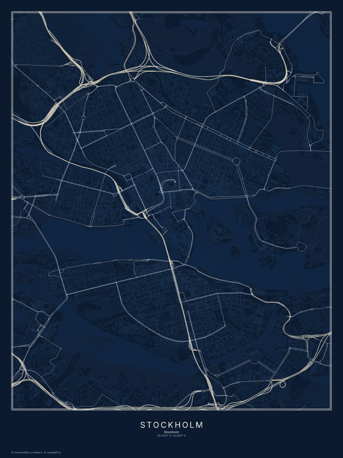 Stockholm map poster, midnight style