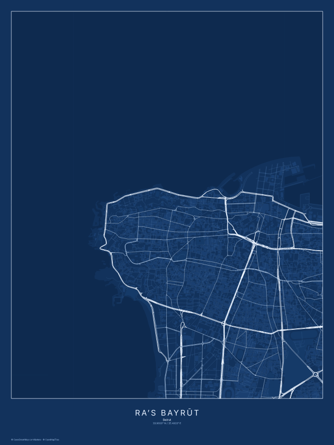 Ra’s Bayrūt map poster, blueprint style
