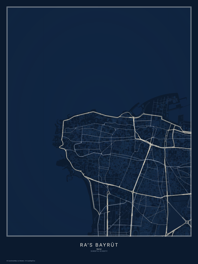 Ra’s Bayrūt map poster, midnight style