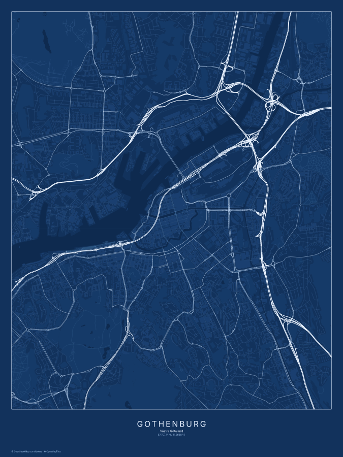 Gothenburg map poster, blueprint style