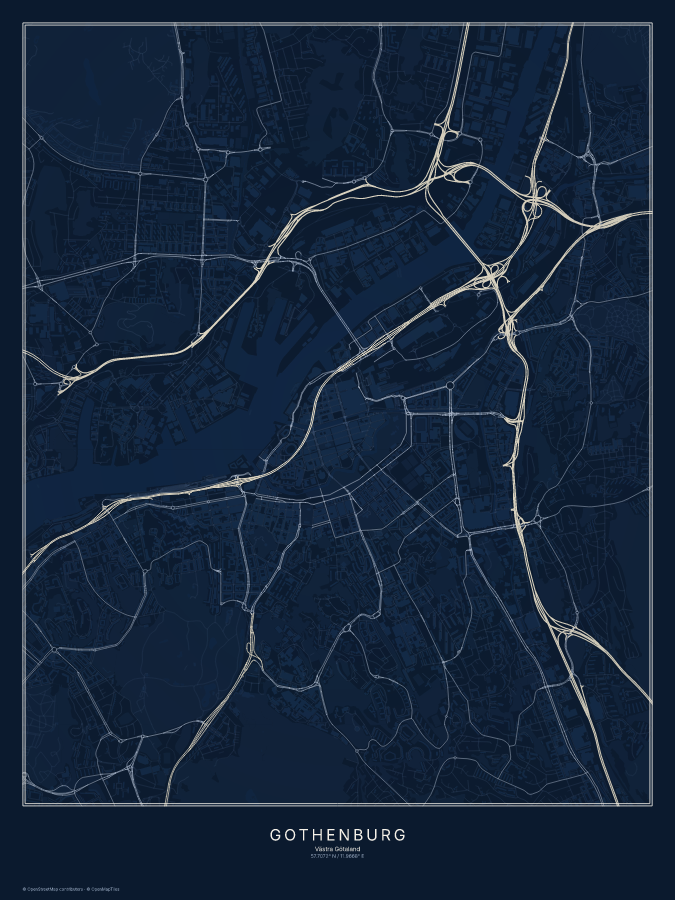 Gothenburg map poster, midnight style