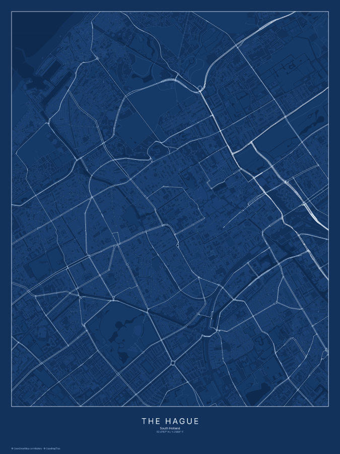 The Hague map poster, blueprint style