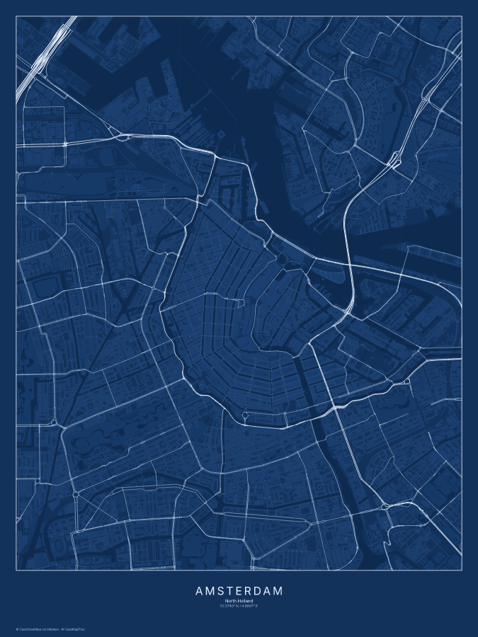Amsterdam map poster, blueprint style