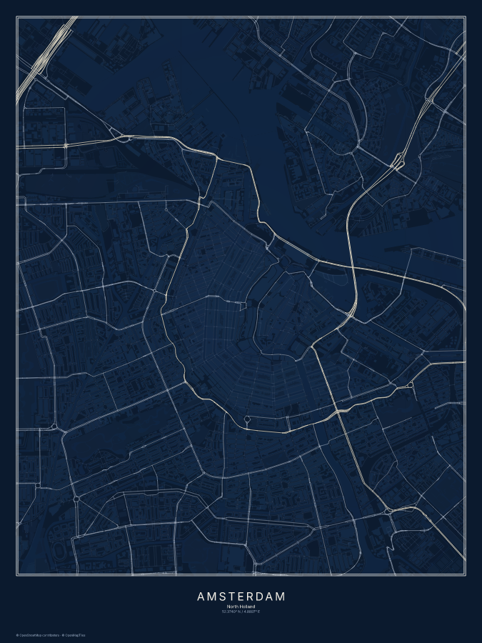 Amsterdam map poster, midnight style