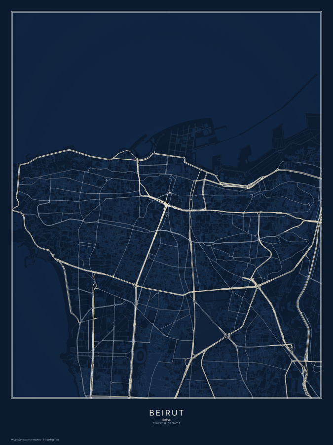 Beirut map poster, midnight style