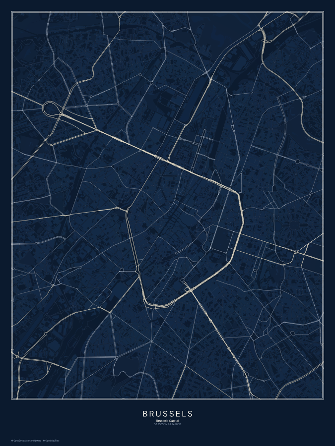 Brussels map poster, midnight style