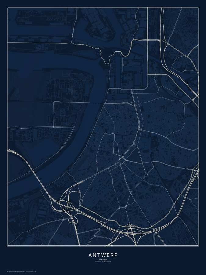 Antwerp map poster, midnight style