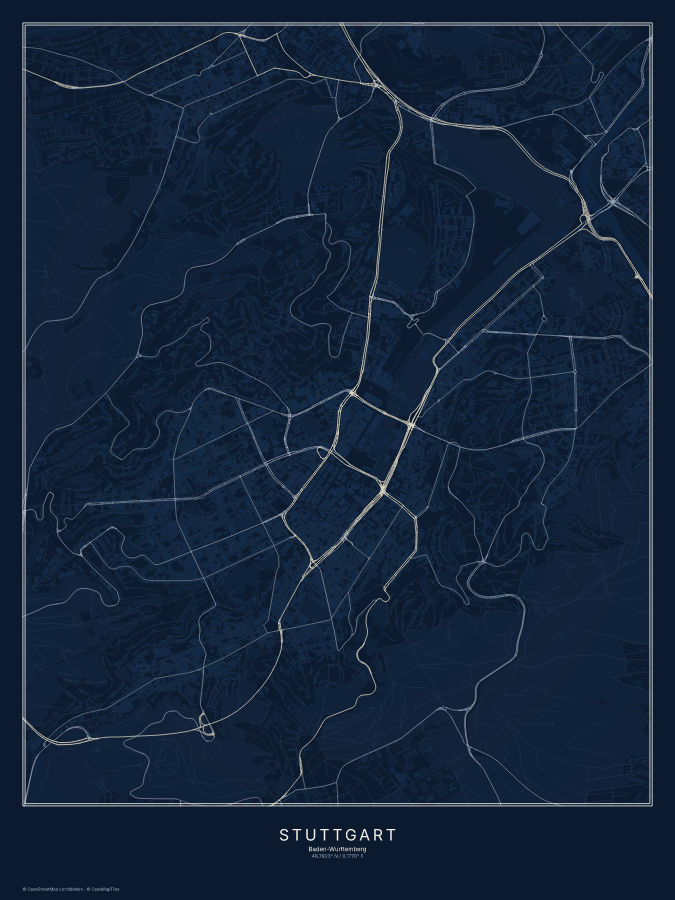 Stuttgart map poster, midnight style