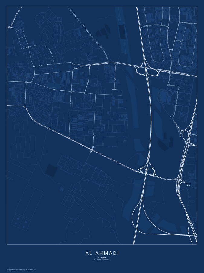 Al Aḩmadī map poster, blueprint style