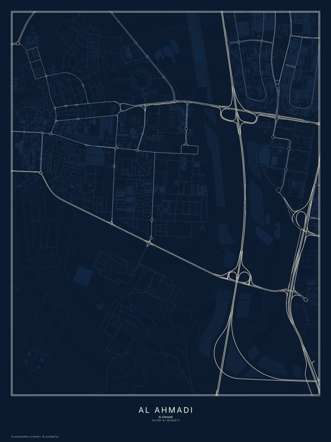 Al Aḩmadī map poster, midnight style