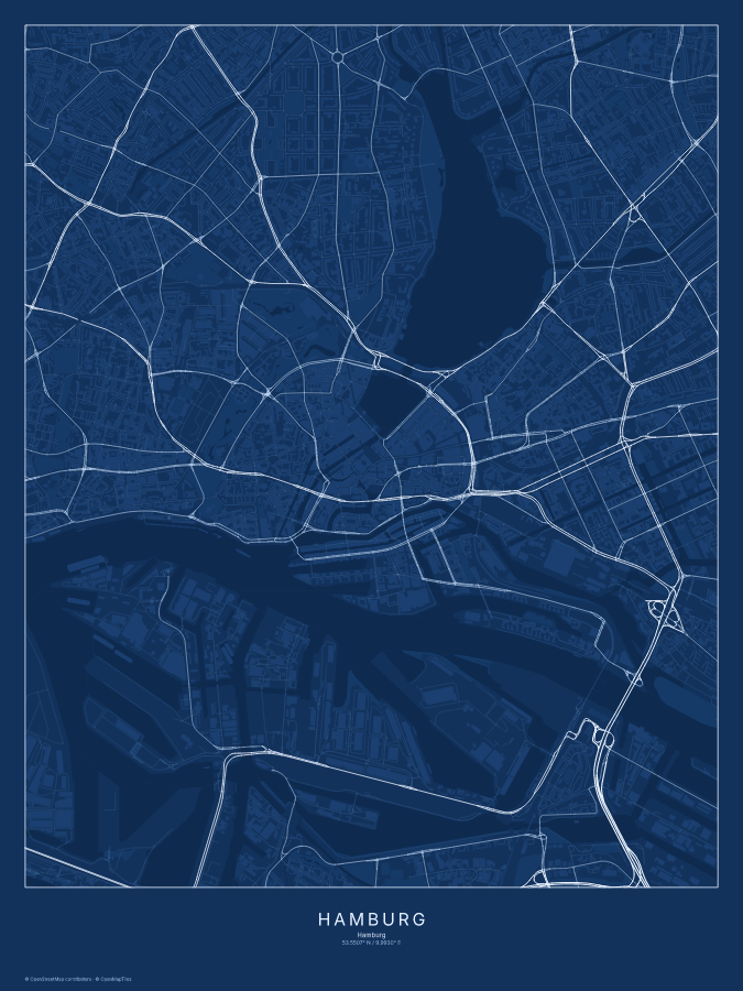 Hamburg map poster, blueprint style
