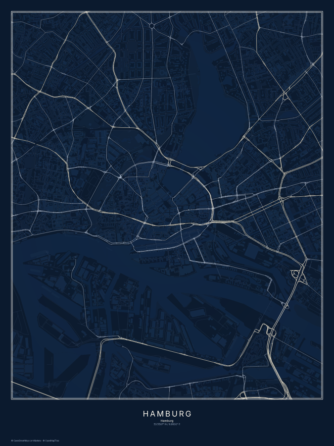 Hamburg map poster, midnight style