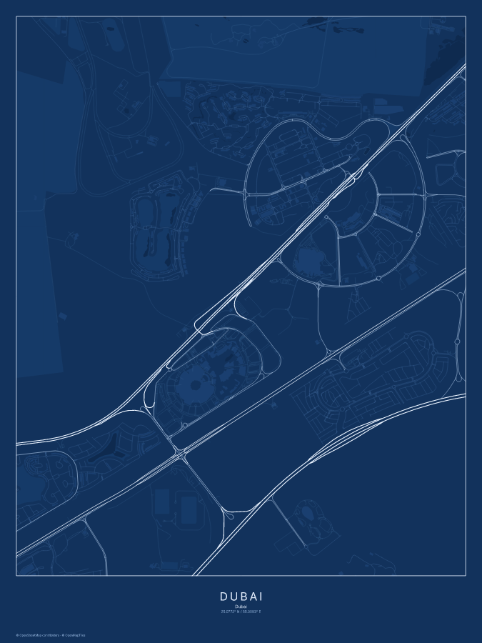 Dubai map poster, blueprint style