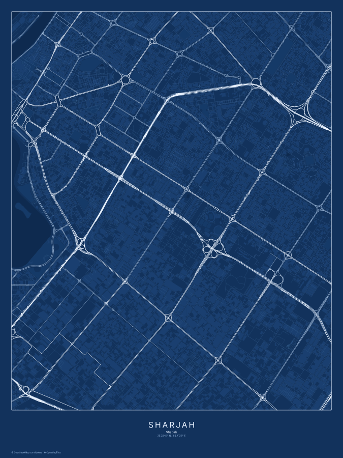 Sharjah map poster, blueprint style