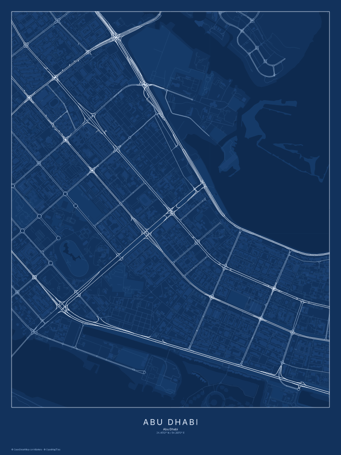 Abu Dhabi map poster, blueprint style