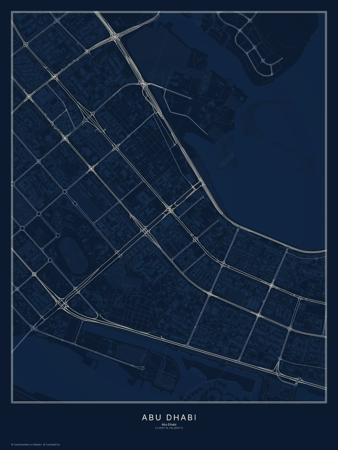 Abu Dhabi map poster, midnight style