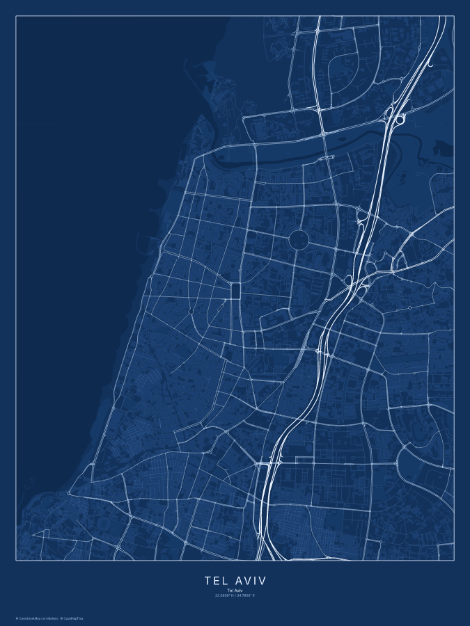 Tel Aviv map poster, blueprint style