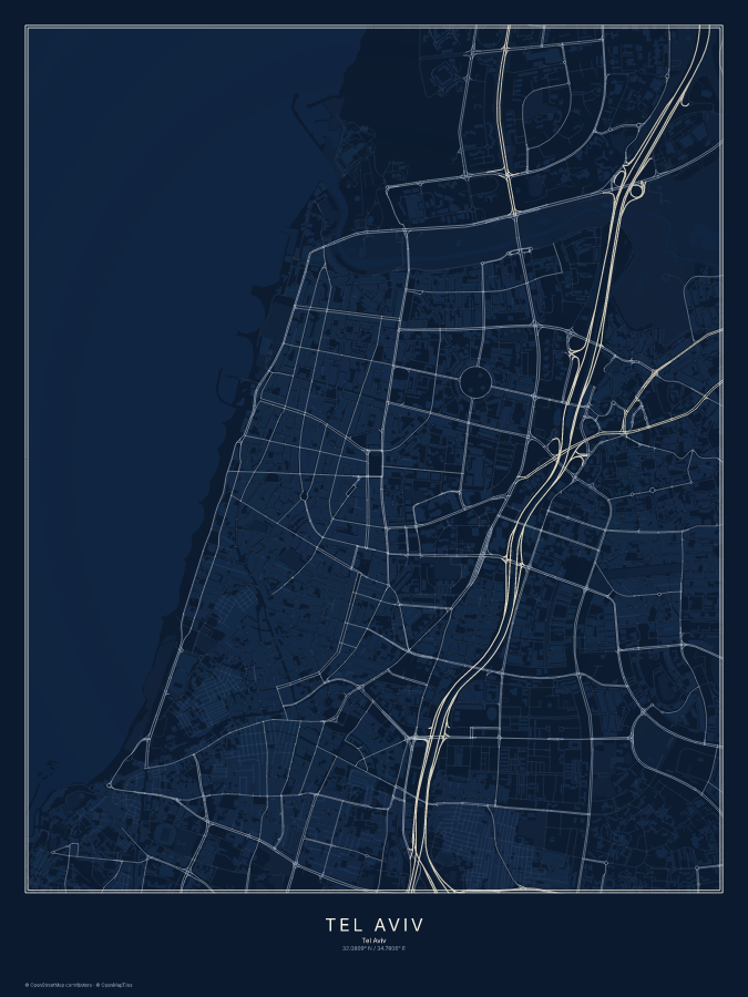 Tel Aviv map poster, midnight style