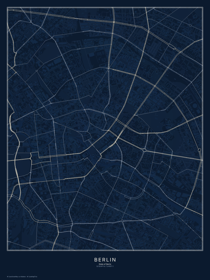 Berlin map poster, midnight style
