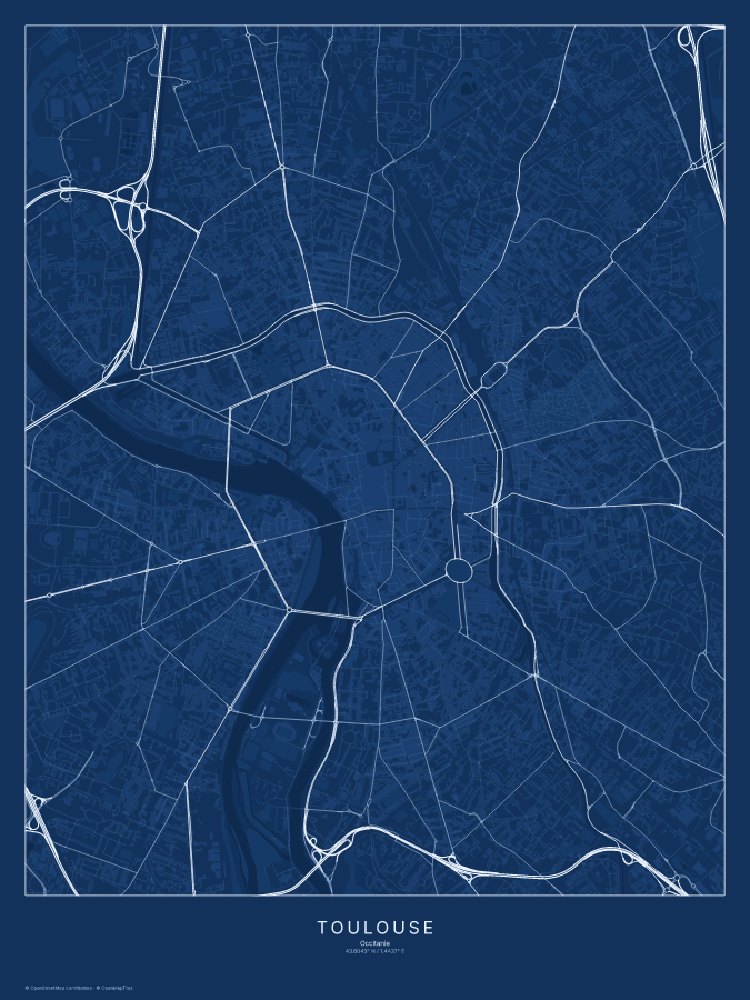 Toulouse map poster, blueprint style