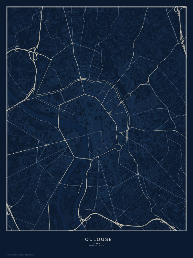 Toulouse map poster, midnight style