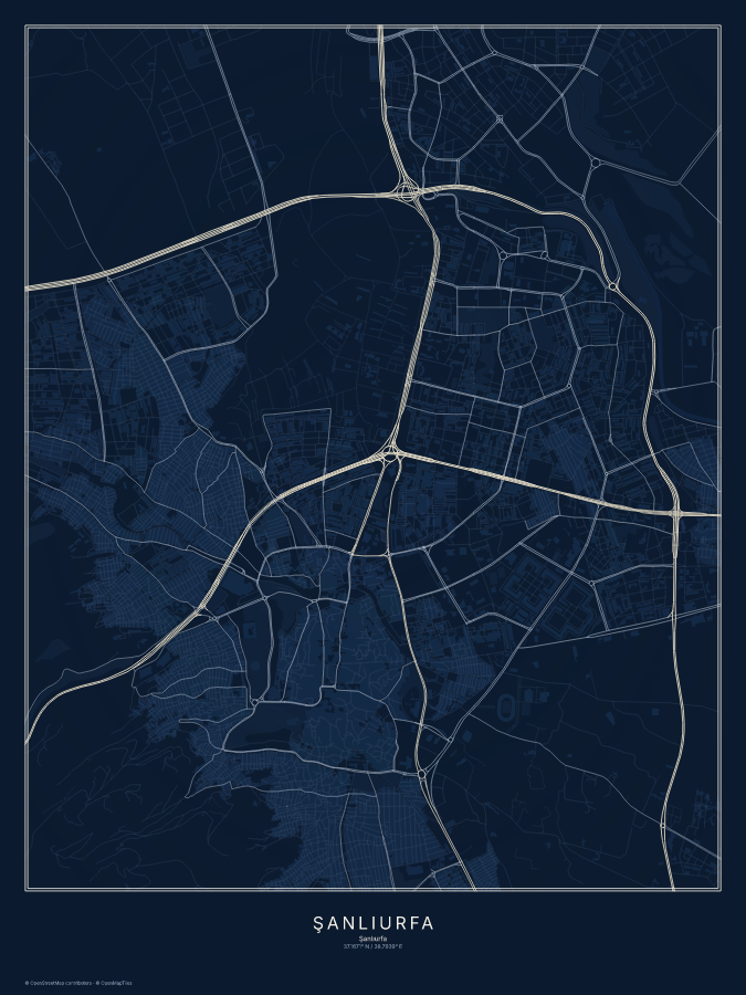 Şanlıurfa map poster, midnight style