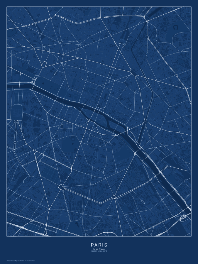 Paris map poster, blueprint style