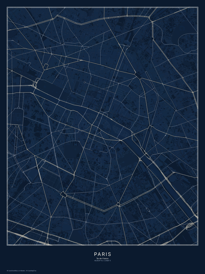 Paris map poster, midnight style
