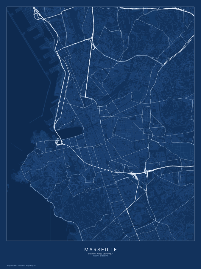 Marseille map poster, blueprint style
