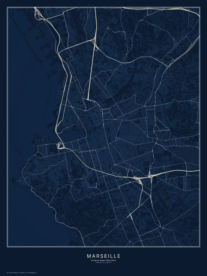 Marseille map poster, midnight style